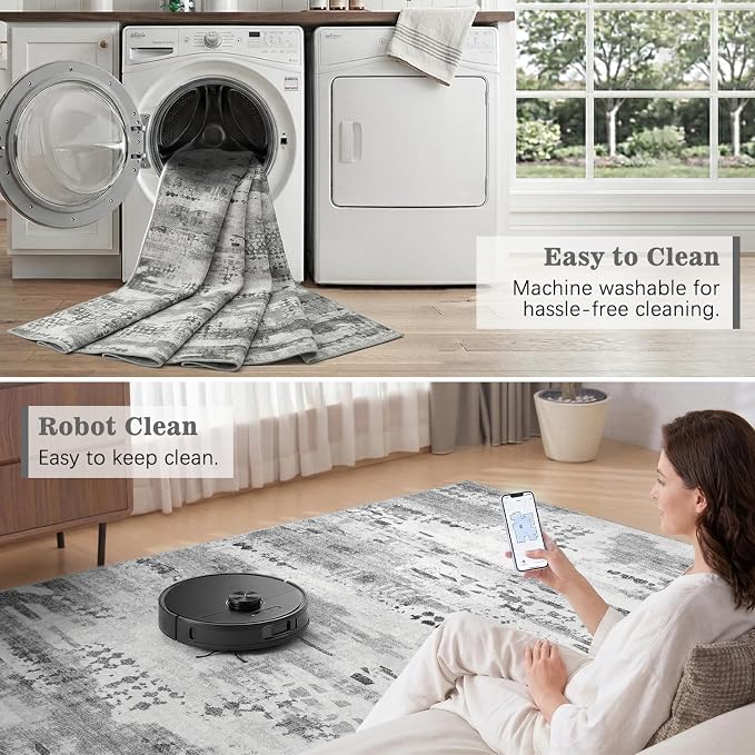 DCX Washable Abstract Area Rug 6x9, Non Slip Low Pile Rug, Gray | Easy to clean, non-shedding, soft, kid & pet friendly, with a non-slip rubber backing for living rooms, bedrooms, and offices