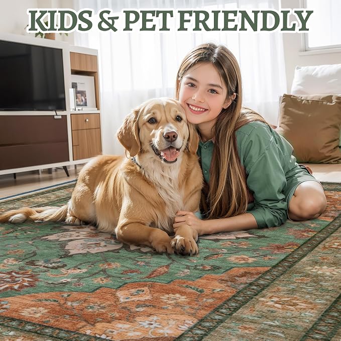 Tangsoo Farmhouse 3x5 Rugs, Washable Non Slip Accent Rugs for Entryway | Vintage Print Indoor Carpet,Boho Soft Low Pile Oriental 3x5 Area Rug for Living Room Bedroom Bedside Bathroom Tan/Green Decor