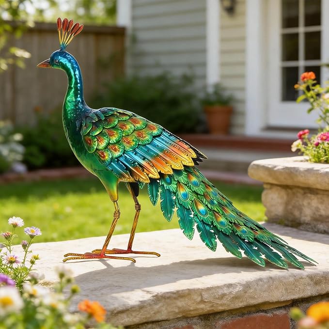 chisheen Metal Peacock Statue Garden Decor Yard Art Sculpture Gift for Women(Green)