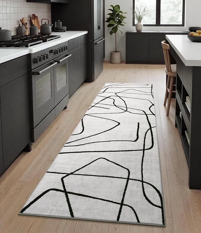 2x6 Washable Modern Black White Kitchen Runner Rug | Ultra-Thin Low Pile, Non-Slip TPE Backing, Soft Stain Resistant, Machine Washable, for Bedroom Livingroom High Traffic