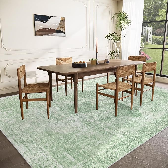 Area Rug 10x14 Washable Rug, Vintage Boho Medallion Rugs Non-Slip Soft Low Pile Large Distressed Rug Indoor Retro Carpet for Living Room Bedroom Dining Room Home Office (SageGreen, 10'x14')
