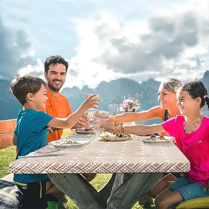 Picnic Table Cover with Bench Covers Elastic Edges, Boho Camper Fitted Table Cover, Outdoor Patio Camping Essentials 72 Inch 3PCS, Waterproof Camping Fitted Tablecloth with Drawstring Bag