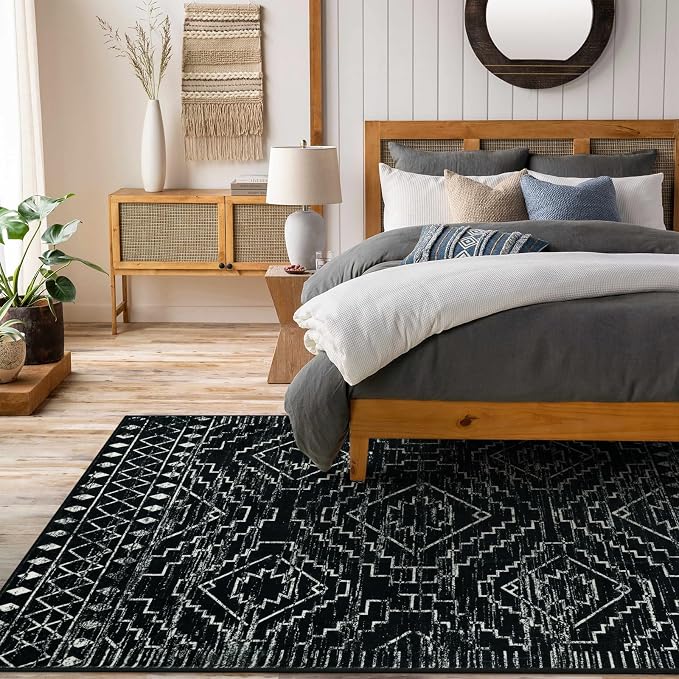 Wonnitar Moroccan 8x10 Area Rugs for Living Room, Washable Large Black Rug for Bedroom, Non-Slip Soft Thin Stain Resistant Boho Tribal Floor Carpet for Dining Guest Room Office (Black,8'x10')
