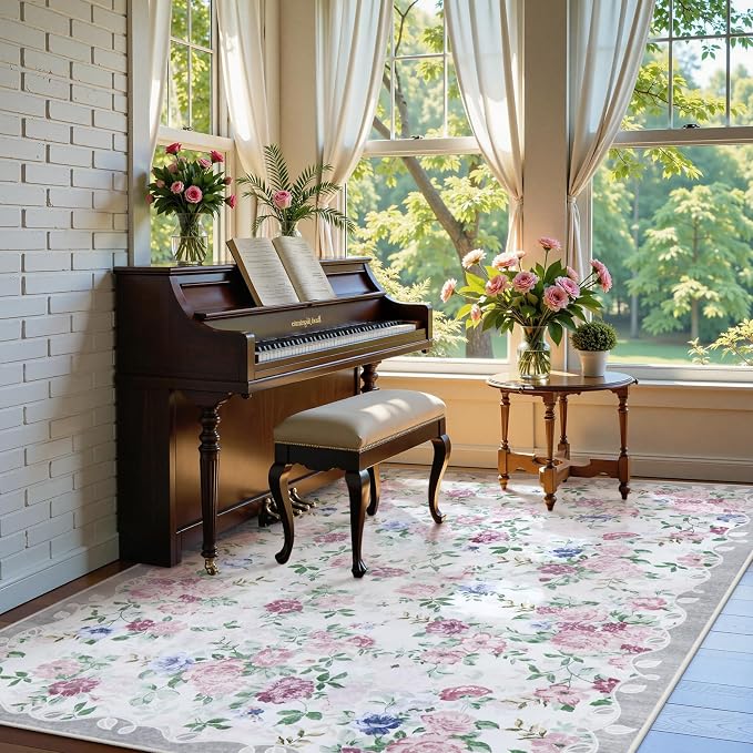 Lahome Purple Rugs for Bedroom, Floral 5x7 Area Rug | Vintage Living Room Rug Non Slip Low Pile Ultra-Thin Large Carpet for Farmhouse Dining Room Kids Nursery Nina (Purple/Grey)