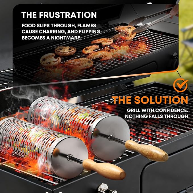 Rolling Grill Basket for Outdoor Grill, BBQ Cage for Vegetable/Veggies 2pcs | Stainless Steel Roll Barbeque Basket with Handle Heat Resistant, Non-slip Large Capacity to Grill Seafood Sausage for Camping
