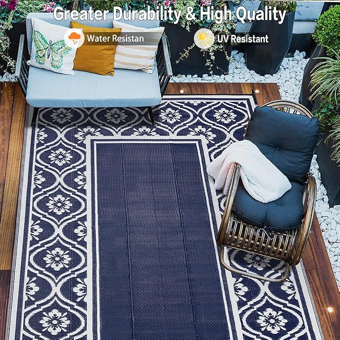 HUGEAR RV Outdoor Rug Waterproof Mat 9'x12' Camping Carpet Blue Outside Area Rugs Reversible Rugs for Deck Entryance Porch Picnic Balcony Beach