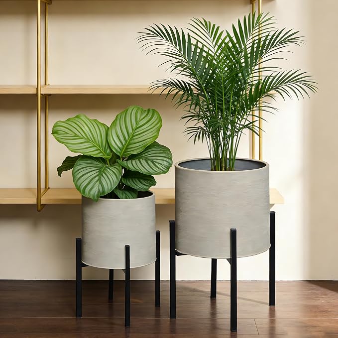 ARNIS Modern Plant Pots, Set of 2 Large Planters with Stand, Decorative Planters, Metal Pots with Drainage Holes for Living Room, Office, Garden or Balcony, 8.25 &10.5 Inch, Grey