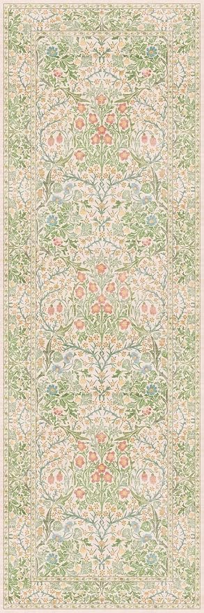 Non Slip Beige Green Bathroom Runner Rug - Long Runner Rugs 24 x 72 Washable Kitchen Floor Mat, Laundry Room Rug, Hallway Runner - Vintage Floral Design Décor (2x6 Beige Green)