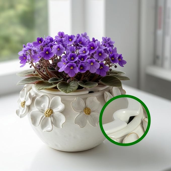 HERDUK 7.5” Ceramic Self Watering African Violet Planter with Hand-Sculpted petalsl Design – Durable Indoor Plant Pot for Orchids, Succulents, and Houseplants