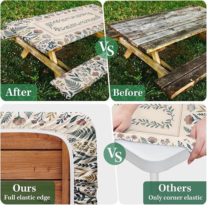 Picnic Table Cover with Bench Covers Elastic Edges, Floral Vintage Camper Fitted Table Cover, Outdoor Camping Essentials 72 Inch 3PCS, Waterproof Camping Fitted Tablecloth with Drawstring Bag