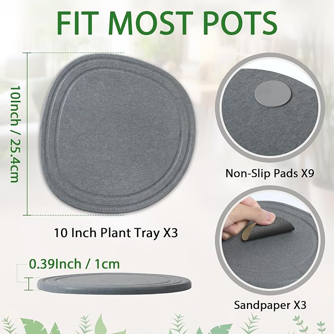 Linidcoud Plant Saucers for Indoors, 3 Pack 10" Quick Dry Diatomite Plant Drip Water Catcher Trays for Pots, Diatomaceous Earth Planter Drainage Saucers Plates to Catch Water for Flower, Stone Gray