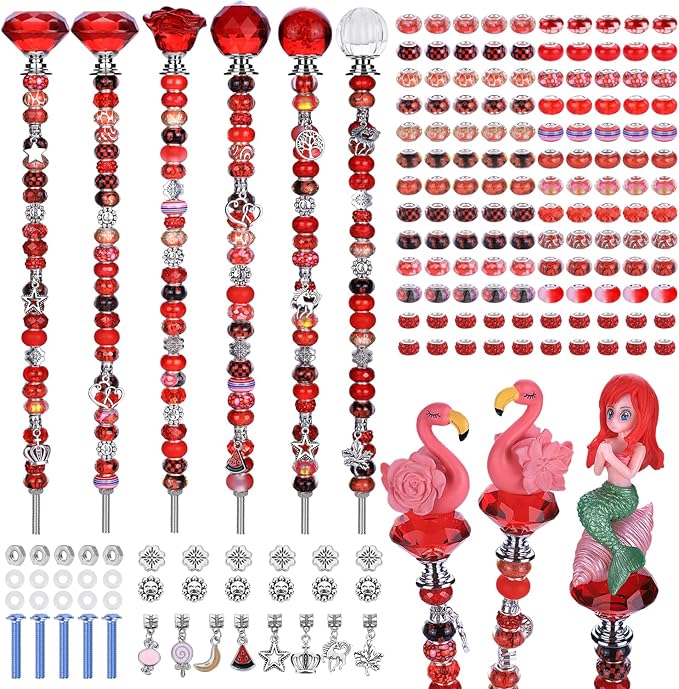 AIPRIDY DIY Crystal Beaded Fairy Wand Garden Stakes Kit, Colorful Decorative Wands with Assembly Guide, 12 or 10 Inch Threaded Rods,Outdoor Garden Decoration Set (158, Red+Hybrid Top)