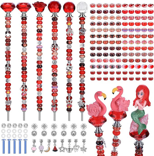 AIPRIDY DIY Crystal Beaded Fairy Wand Garden Stakes Kit, Colorful Decorative Wands with Assembly Guide, 12 or 10 Inch Threaded Rods,Outdoor Garden Decoration Set (158, Red+Hybrid Top)