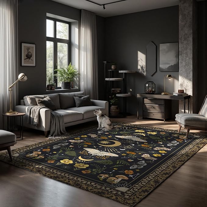Nayoroom Gothic Luna Moth Black Area Rug, Machine Washable, 8 x 10 ft | Luna moth fantasy motif; Dark academia style; Soft surface; Machine washable; Non-slip backing; Living room or bedroom