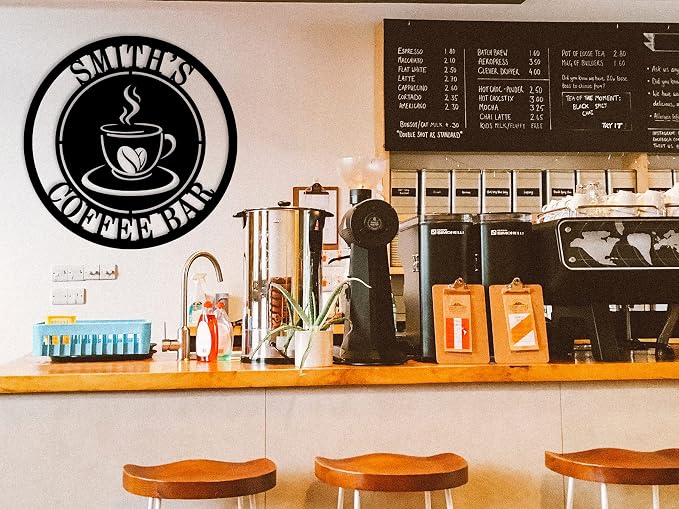 Personalized Coffee Sign Custom Last Name Metal Wall Decor, Coffee Bar Sign with Monogram Family Name, Rustic Farmhouse Kitchen Decor, Coffee Lover Gift, Home Coffee Station Decoration, Housewarming Gift for Family and Friends