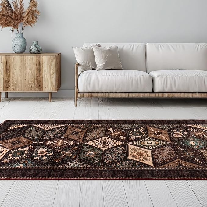Moroccan Vintage Distressed Boho Geometric Brown 2.7x10 Runner Rug | Patchwork Washable Non Slip Throw Floor Long Carpet Runner for Hallway Entryway Kitchen Bathroom Bedroom Livingroom Rug