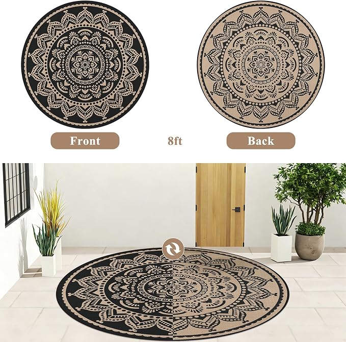 Bsmathom Waterproof Outdoor Rug, 8ft Round, Black | Reversible, Boho Plastic Straw, Portable RV Mat, For Patio, Deck, Camping, Porch, Balcony, Backyard, Beach, Pool