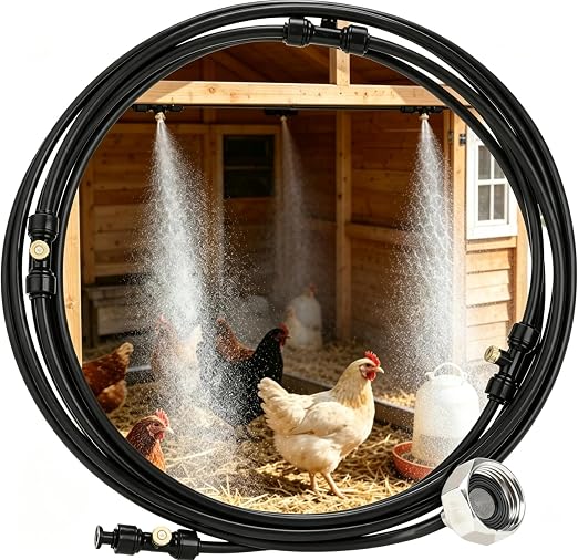 Pre-Assembled Chicken Cooling System,Misters for Chicken Coop | with Water Filter ,Upgraded Brass Adapter (3/4") 33ft (10m) 9 Brass Spray Nozzle,Suitable for cooling in summer