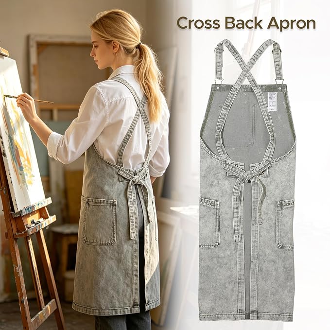 Denim Chef Apron for Women with Pockets, Jean Waitress Server Kitchen Apron for Men Cooking Gardening Painting