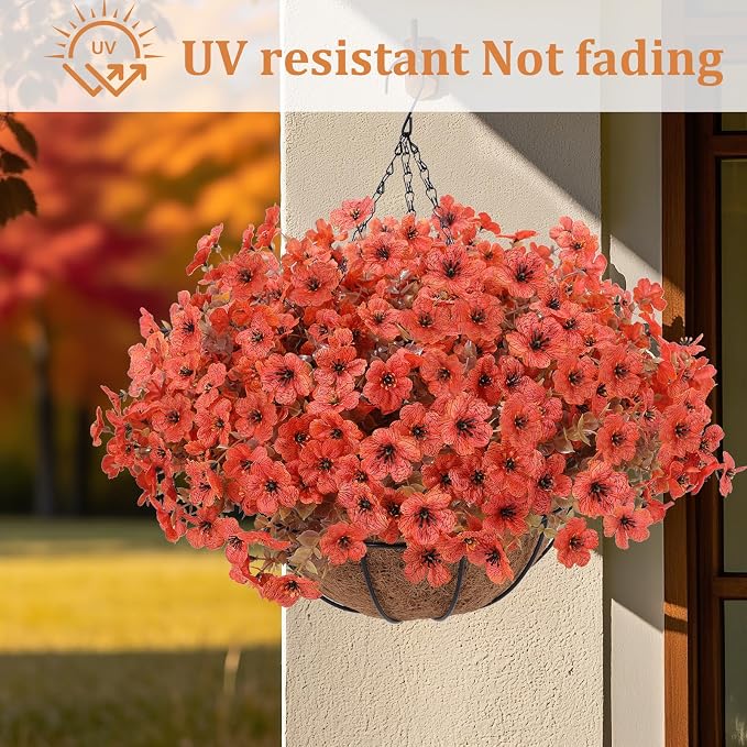 Artificial Hanging Basket Flowers, 24 Pcs Orange Mums, UV Outdoor Flowers | Look Real Mums Flowers with Hanging Baskets for Autumn Porch Patio Balcony Yard Home Decor