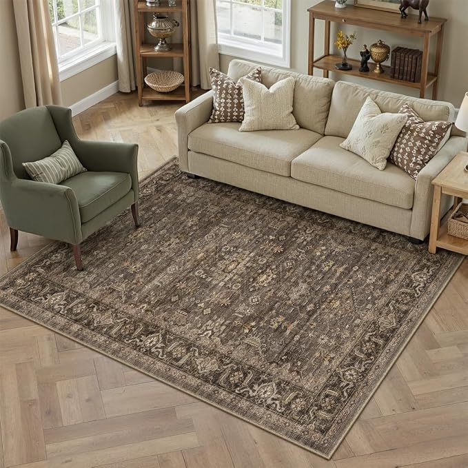 4x6 Dark Brown Vintage Area Rug | Washable, Non Slip, Soft Low Pile, Traditional Farmhouse, for Entryway Kitchen Living Room Bedroom Indoor