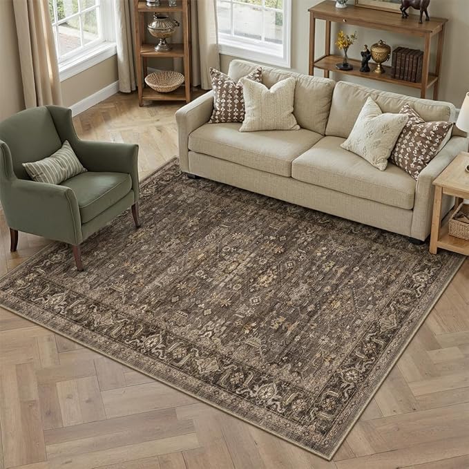 5x7 Dark Brown Vintage Area Rug | Washable, Non Slip, Soft Low Pile, Traditional Farmhouse, for Living Room Bedroom Dining Room Indoor