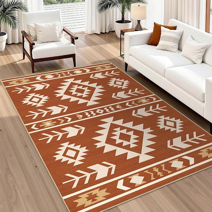 Area Rug 5x7 Western Rug Living Room Southwestern Aztec Tribal Rugs Southwest Navajo Machine Washable Non-Slip Printed Low-Pile Floor Carpet for Bedroom Dining Room Office, Yellow Brown