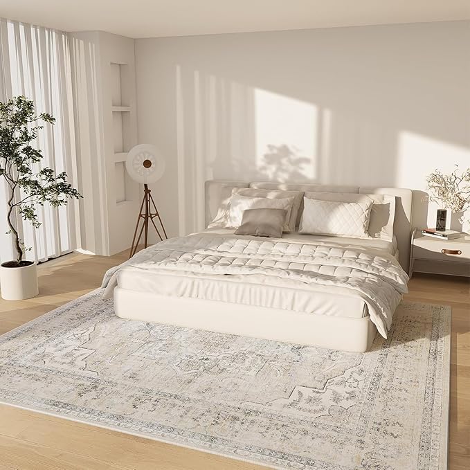 10x12 Area Rugs for Living Room: Large Washable Rug Non Slip Low Pile Soft Faux Wool Non Shedding Distressed Lightweight Vintage Floral Carpet for Bedroom Dining Room Kids Playroom Nursery Farmhouse