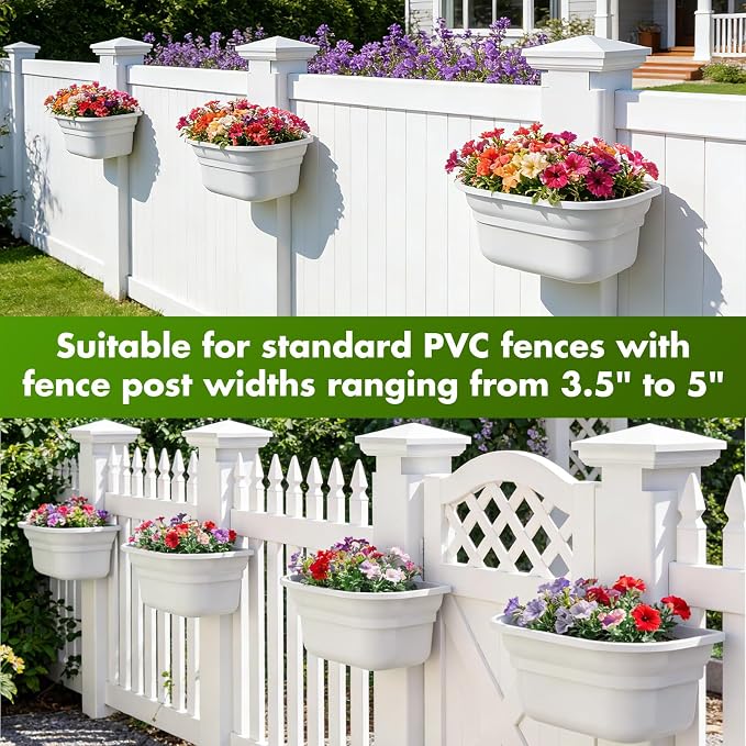 Hanging Planters for Outdoor Plants - Fence Hanging Planters for PVC Fence, Plant Hangers Hanging Plant Flower Pots White with Post Caps for Garden Yard Decor, Easy Install - 4 Pack