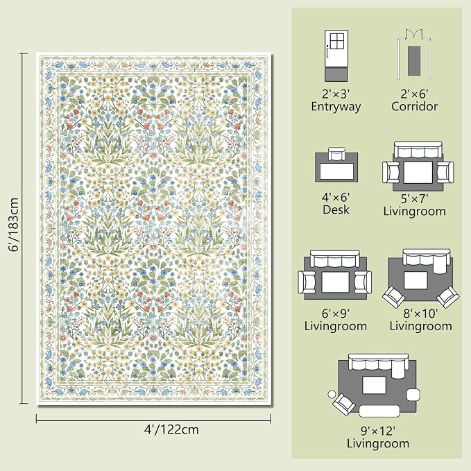 4x6 Feet Area Rug for Living Room Bedroom, Washable Non-Slip Large Rug, Ultra Soft Stain Resistant, Beige Green Distressed Floral Design