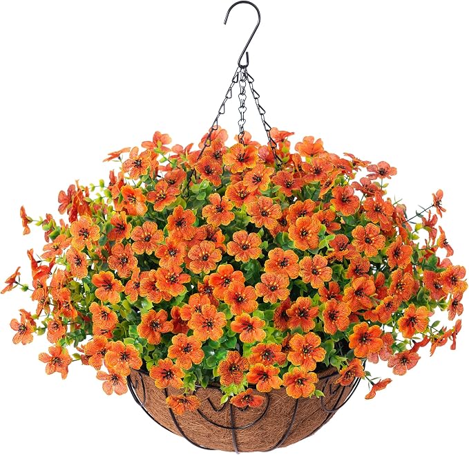 HyeFlora Artificial Fake Fall Hanging Plants Flowers Basket for Outdoor Decor, Faux Silk Orange Mums Daisy in Planter Look Real UV Resistant for Autumn Porch Home Patio Garden Yard Decoration