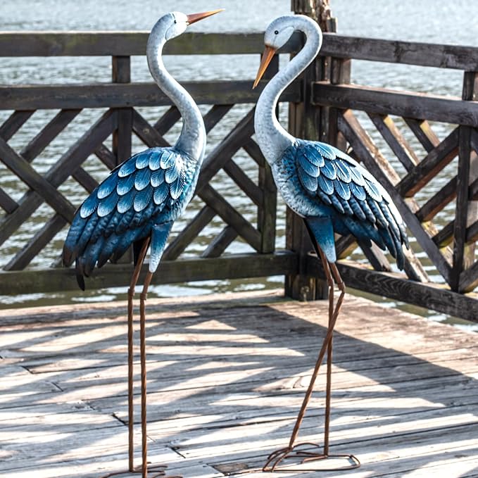 Kircust Blue Metal Heron Statues,Outdoor Garden Crane Sculptures 47-48 Inch | Waterproof and Rust-proof Bird Yard Art, For Pond & Lawn Garden Decor