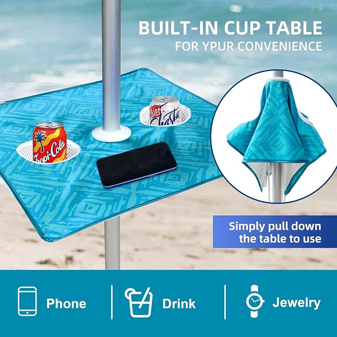AMMSUN Beach Umbrella with Sand Anchor & Table Tray, Portable Heavy Duty 6.5ft Sun Outdoor Umbrella, UV 50+ Protection, Carry Bag for Beach, Patio, Pool and Garden, Sky Blue Paint