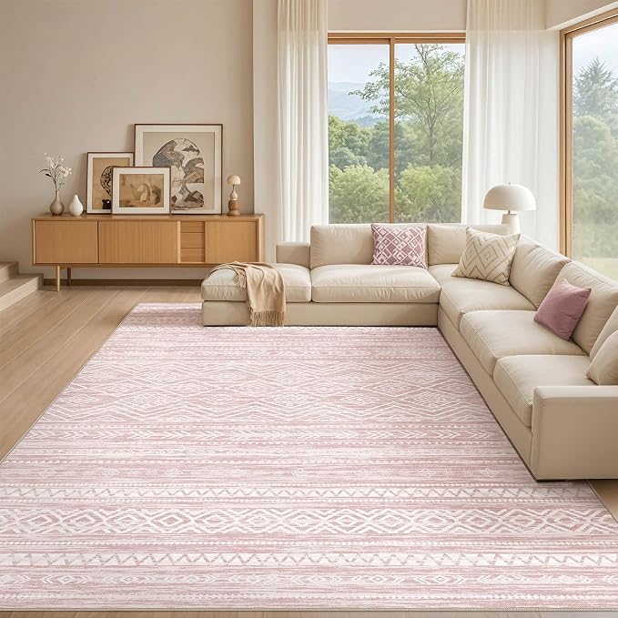 Tortania Area Rug Living Room Rugs- 10x14 Washable Large Soft Neutral Boho Moroccan Bohemian Farmhouse Rug Indoor Floor Carpet for Bedroom Under Dining Table Home Office Decor - Pink
