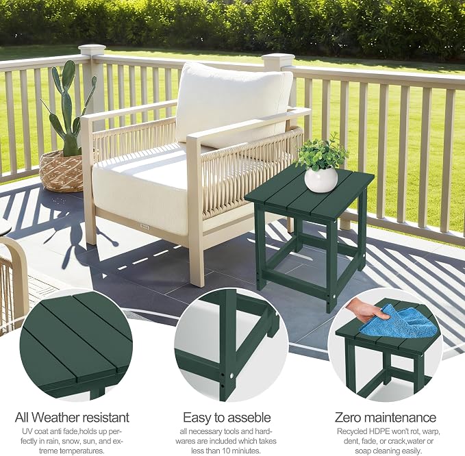 LZRS Patio Side Table, Heavy Duty HDPE Outdoor End Table with Wood Texture, Weatherproof Composite Table for Adirondack Chairs, Deck, Pool, Indoor/Outdoor, No Peeling or Cracking(Dark Green)