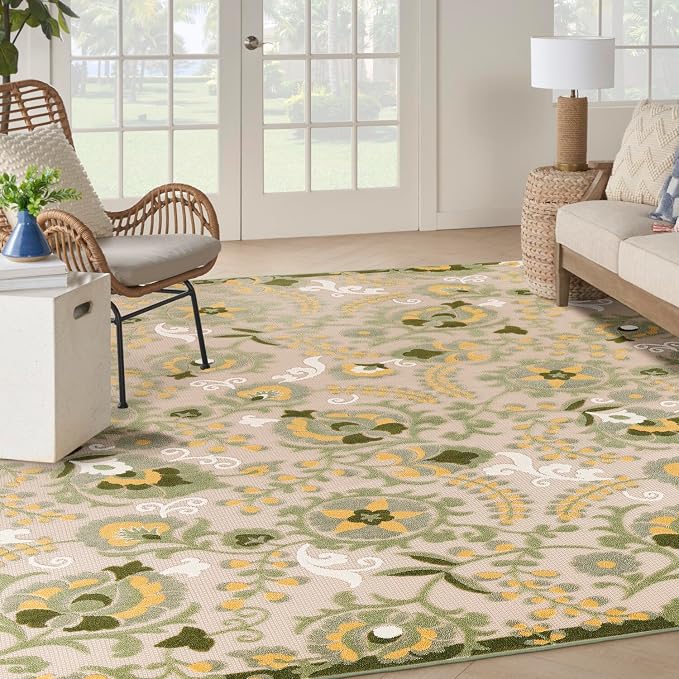 Nourison Home Aloha Ivory Green 10' x 14' Area Rug - Easy Clean, Non Shedding, Bed Room, Living Room, Dining Room, Kitchen (10' x 14')