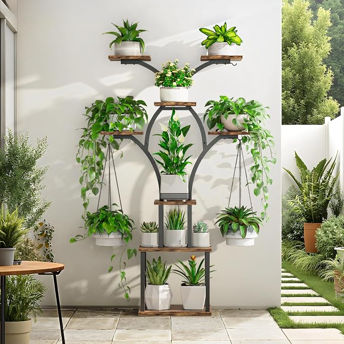 Elbourn 8 Tiered 60" Tall Plant Stand Indoor Shelf with Grow Lights (Brown) | Corner Shelf Decor