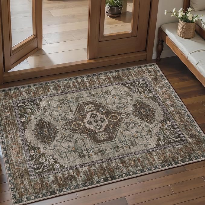 Tangsoo Vintage 2x3 Washable Entryway Rugs, Non Slip Small Area Rug | Oriental Indoor Front Door Rug, Boho Print Door Mat Low Pile Throw Rugs for Entrance Entry Kitchen Bedroom Bathroom Grey