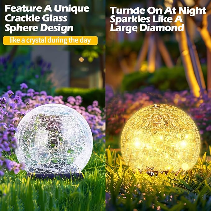 Garden Solar Ball Lights Outdoor Waterproof 50LED Cracked Glass Globe 4.7'' | 2 Pack Solar Power Ground Lights for Path Yard Patio Lawn, Christmas Decoration Landscape Warm White