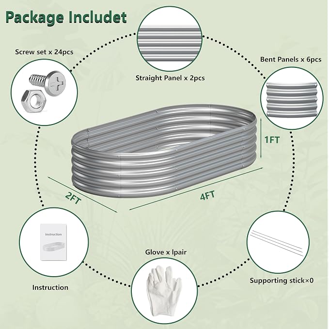 Galvanized Raised Garden Bed Outdoor, 4x2x1ft(2Pack) Metal Heavy Duty Planter Boxes for Gardening, Easy Assemble Bottomless Small Oval Plant Container Kit for Vegetable, Flower, Fruit, Silver