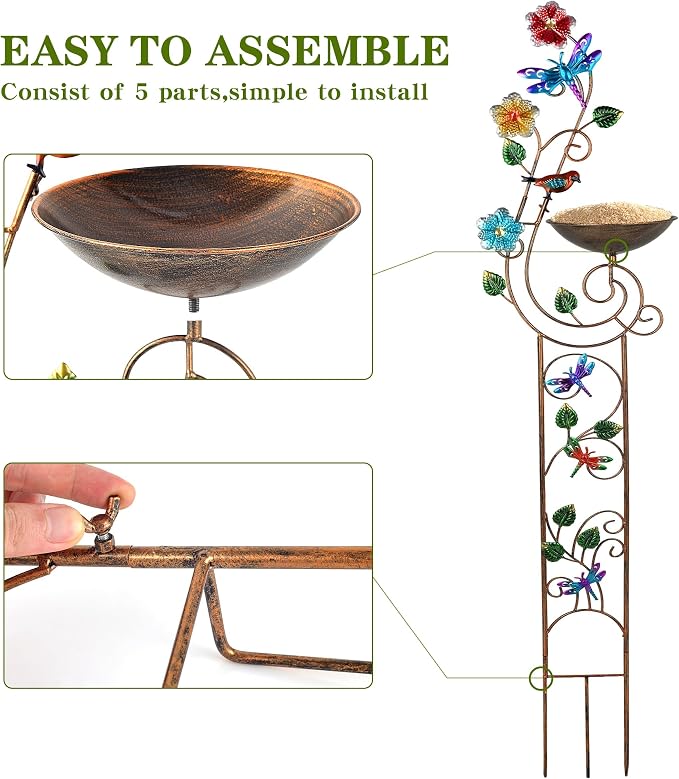 YADOOLIFE 57” Bird Bath with Garden Trellis for Climbing Plants Outdoor, Small Decorative Trellises Metal Birdbath Bird Baths, 1 Piece (Dragonfly)