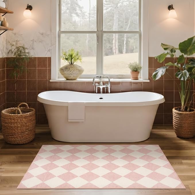 GarveeHome Checkered Entryway Rug 2x3 Pink Diamond Washable Front Door Rug | Soft Indoor Entrance Plaid Carpet Non-Slip Low Pile Throw Rugs for Kitchen Floor, Powder Room, Entry, Bathroom, Kids Room