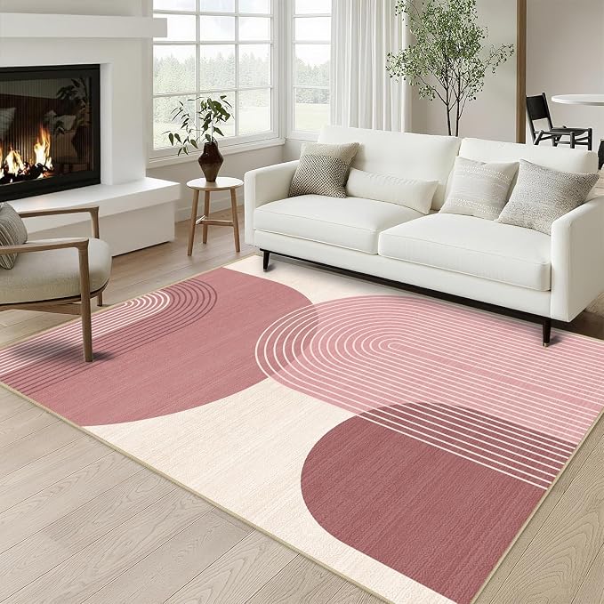 Boho Rug 3x5 for Living Room Bohemian Area Rugs Machine Washable Modern Geometric Rug Non Slip Printed Low Pile Indoor Floor Carpet for Kitchen Bathroom Bedroom,Pink