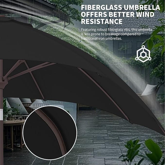Kingdura 9FT Outdoor Patio Umbrella, Round Market Table Umbrella with Push‑Button Tilt and Crank Lift, 8 Sturdy Metal Ribs, UV50+ Protection Canopy for Backyard, Lawn, Deck, Poolside, Garden (Black)