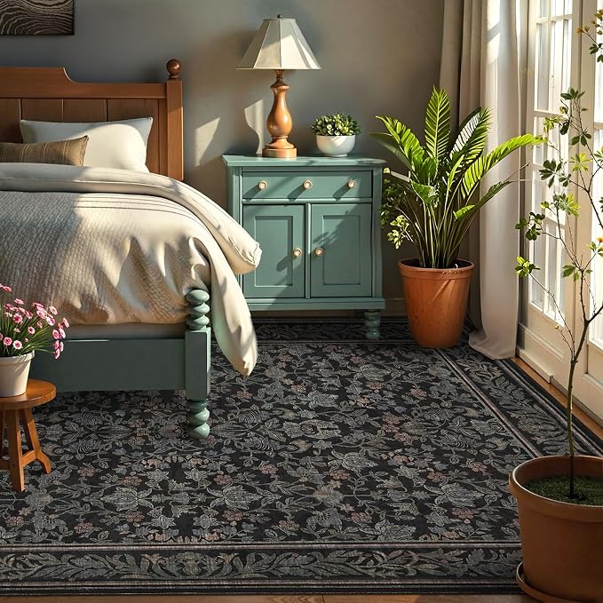 GarveeHome 6x9 Area Rugs for Living Room: Washable Bedroom Rug Black | Boho Vintage Non Slip Soft Low Pile Stain Resistant Indoor Carpet for Farmhouse Dining Room Nursery Home Office