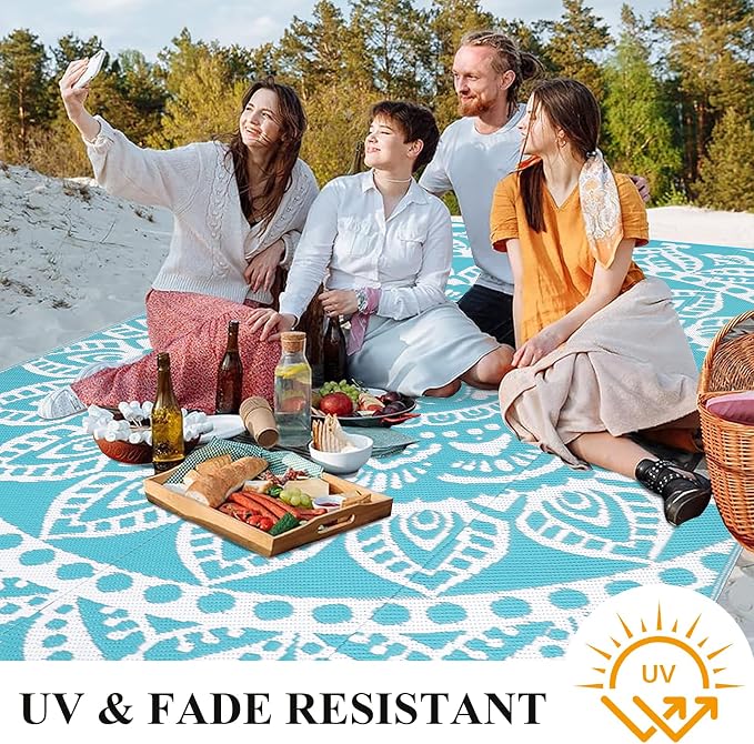 Bsmathom Waterproof Outdoor Rug 8'x10' Reversible Boho Plastic Straw Patio Deck Camping Rugs, Indoor Outdoor Portable RV Mat Clearance Carpet for Outside, Porch, Balcony, Backyard, Beach, Flower Teal