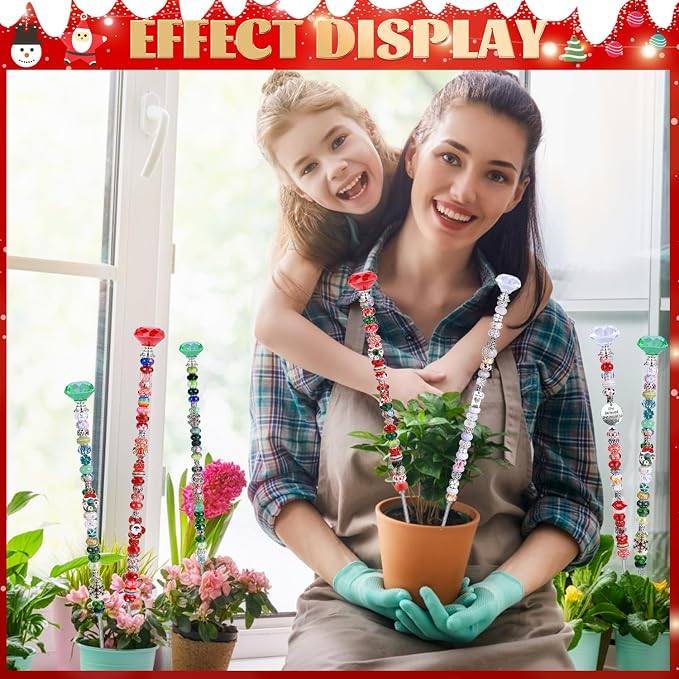 AIPRIDY DIY Crystal Beaded Fairy Wand Garden Stakes Kit, Colorful Decorative Wands with Assembly Guide, 12 or 10 Inch Threaded Rods,Outdoor Garden Decoration Set (174, Red+Green+White+Diamond Top)