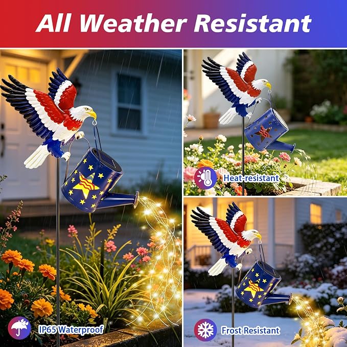 USA 250th Anniversary Solar Eagle Watering Can Lights, 29.9in Metal Eagle with Solar Lights, 4th of July Decorations Patriotic Independence Outdoor for Memorial Day Veterans Day Yard Patio Lawn Decor