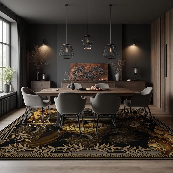 Dark Black Area Rug 8x10 -Dragon & Treasure Carpet with Fantasy Design, Luxurious Machine Washable Non-Slip Rug for Living Room, Bedroom.