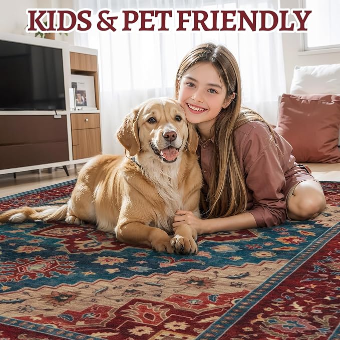 Tangsoo 2.6x8 Washable Hallway Runner Rugs, Non Slip Vintage Runner Rug Red | Oriental Soft Low Pile Long Runner, Boho Carpet Runner Rugs for Hallway Kitchen Bedroom Entryway Bathroom Red Blue Home Decor